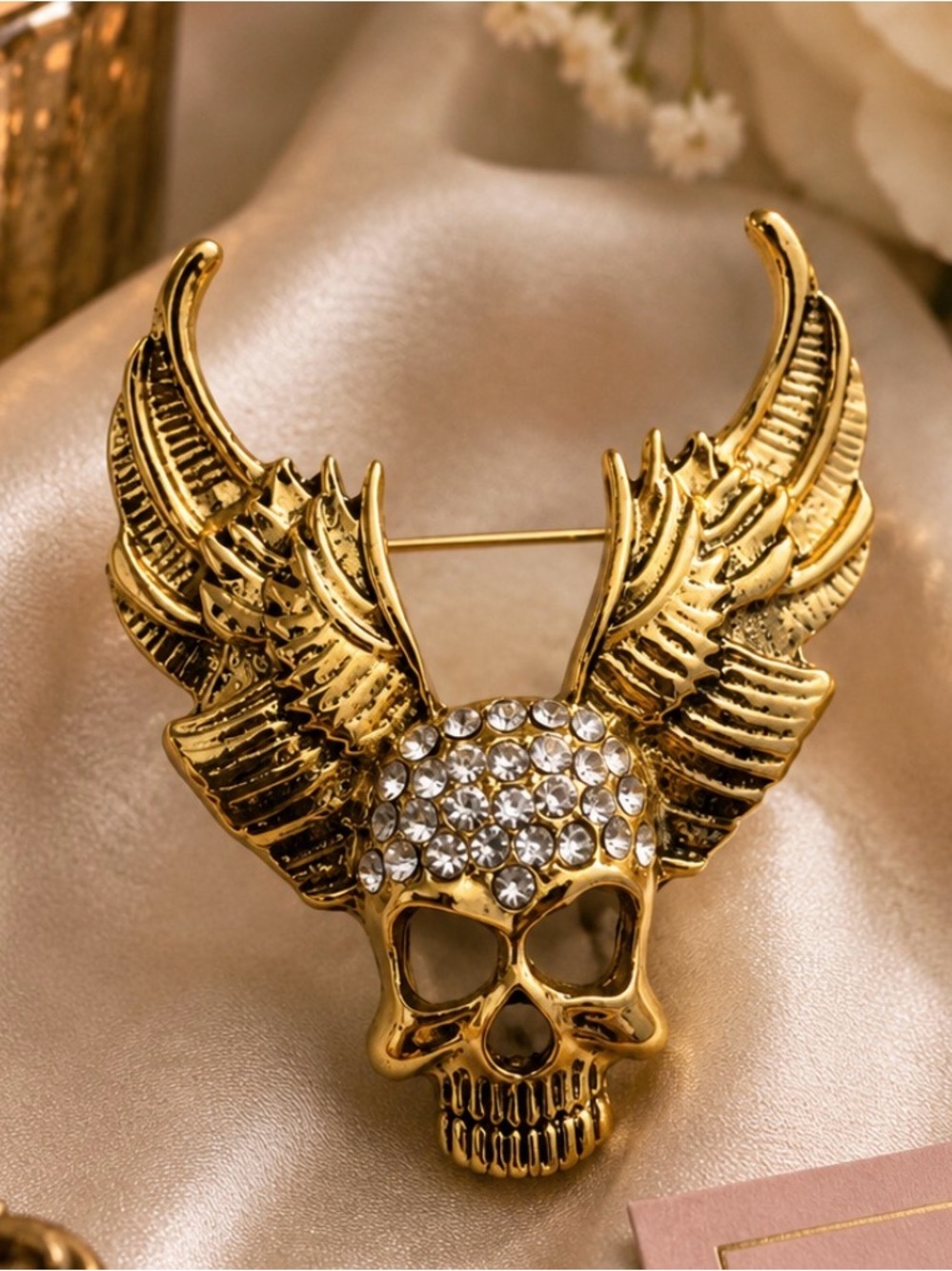 Gold Winged Skull Brooch with Clear Crystals - Women Jewelry
